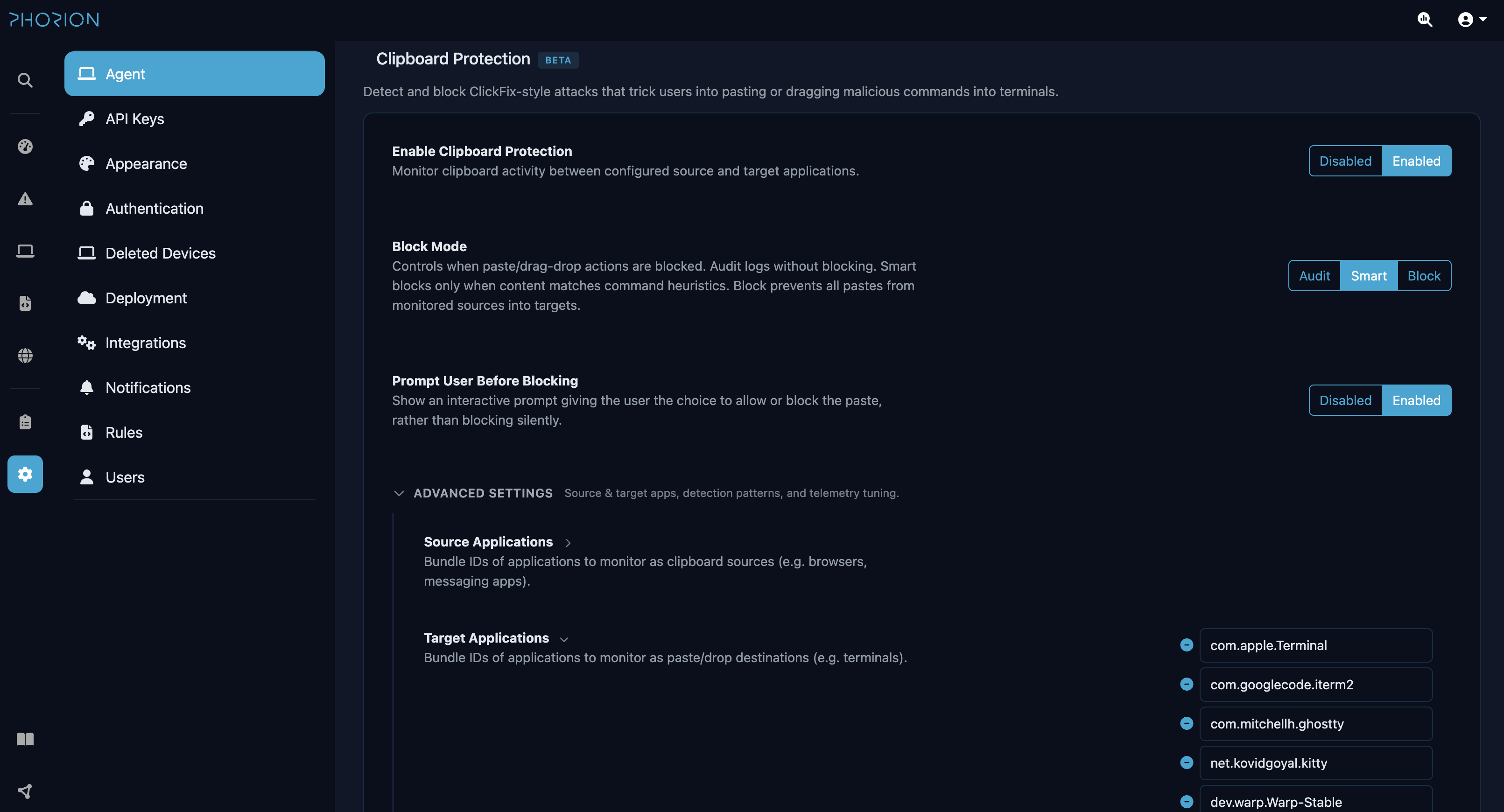 Phorion agent settings for Clipboard Protection