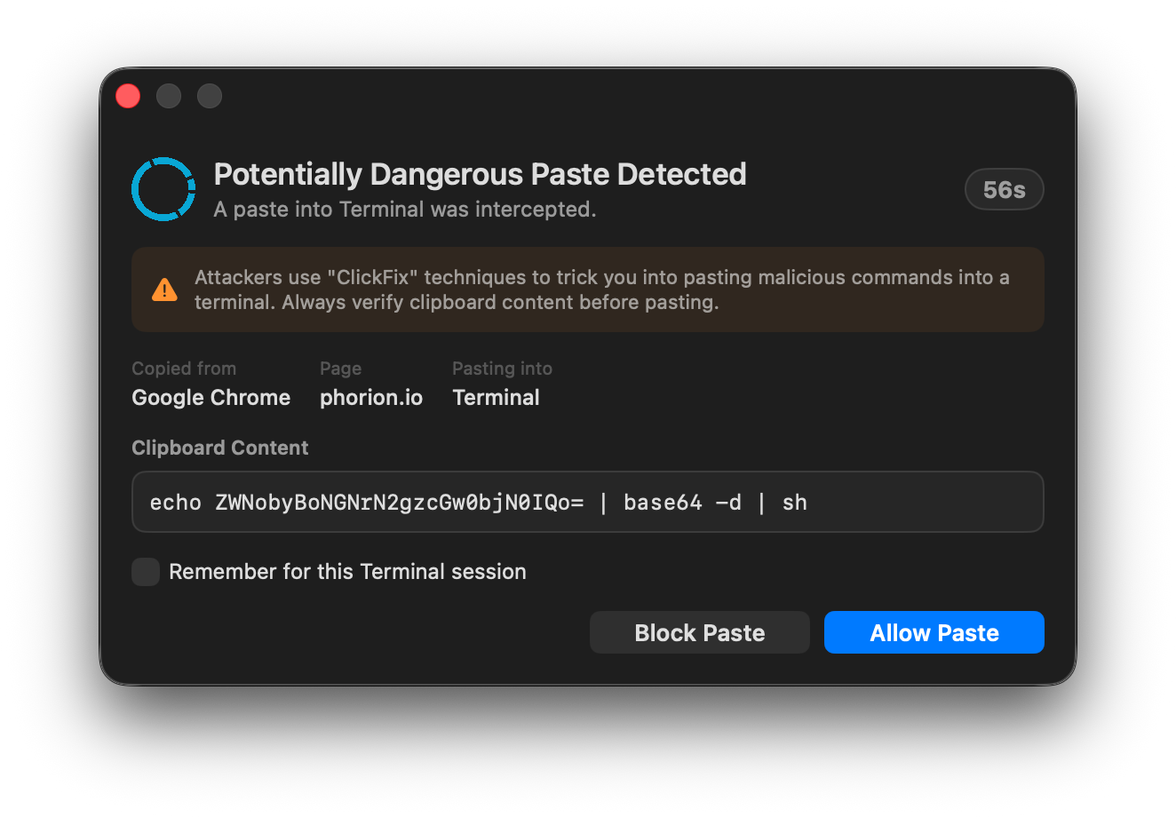 Phorion&rsquo;s clipboard protection prompt showing an intercepted paste into Terminal, with the source application, page URL, and clipboard content visible to the user