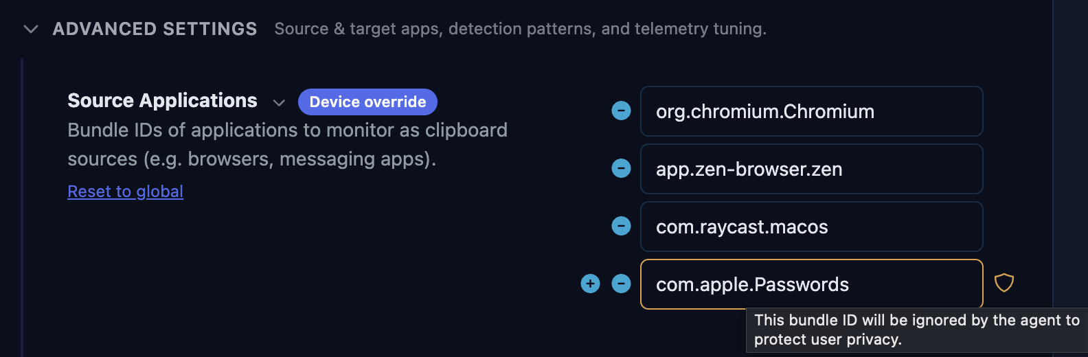 Phorion agent settings showing a shield icon next to a password manager bundle ID, indicating it will be ignored by the agent to protect user privacy