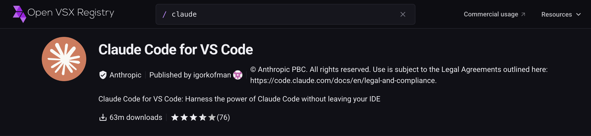 Open VSX Registry listing for Claude Code for VS Code, displaying Anthropic and Published by igorkofman.